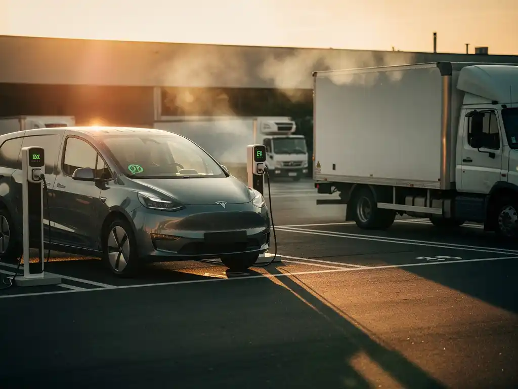 Moderne elektrische bestelwagen met groene batterij-indicator naast dieseltruck met uitlaatgassen op bedrijfsparkeerplaats