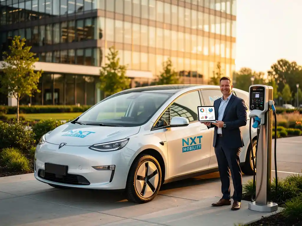 Elektrische bestelwagen van NXT Mobility bij laadstation met zakenman die tablet bekijkt, moderne kantoorgebouw op achtergrond