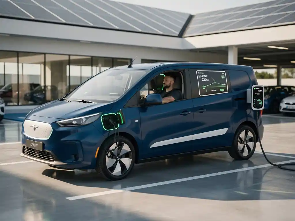 Elektrische bestelwagen aangesloten op laadstation met dashboard vol batterijniveau en routegegevens in bedrijfsparkeergarage met zonnepanelen