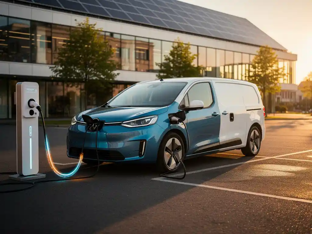 Elektrische bestelwagen aangesloten op moderne laadpaal met gloeiende energiekabels voor kantoorgebouw met zonnepanelen