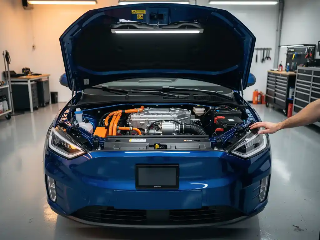 Elektrische bestelwagen met geopende motorkap toont elektromotor en batterijcomponenten in moderne garage