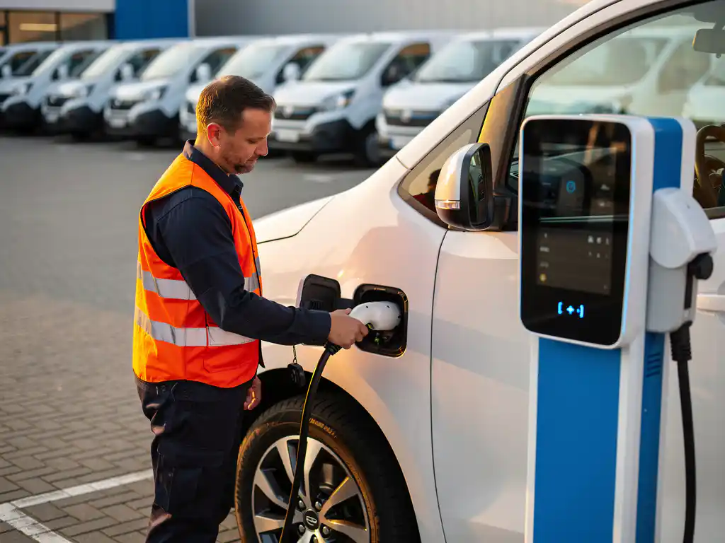 Technicus in veiligheidsvest inspecteert laadkabel van elektrische bestelwagen bij modern laadstation in bedrijfswagenpark