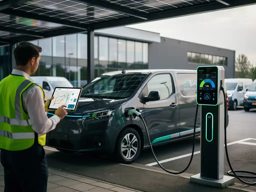 Elektrische bestelwagen bij laadstation met vlootmanager die routeoptimalisatie bekijkt op tablet in bedrijfsparkeerplaats met zonnepanelen