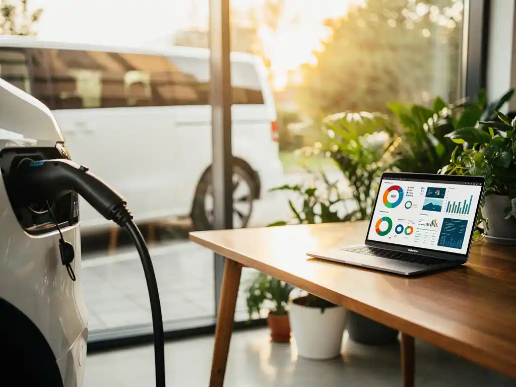 Elektrische bestelwagen wordt opgeladen terwijl laptop duurzaamheidsgrafieken toont op houten bureau met planten