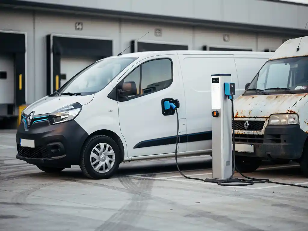 Witte elektrische bestelwagen met laadkabel naast traditionele dieselbus op moderne bedrijfsparkeerplaats