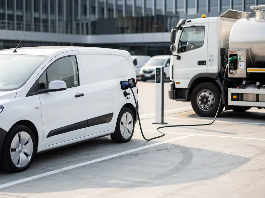 Witte elektrische bestelwagen met laadkabel naast traditionele brandstoftruck op moderne bedrijfsparkeerplaats