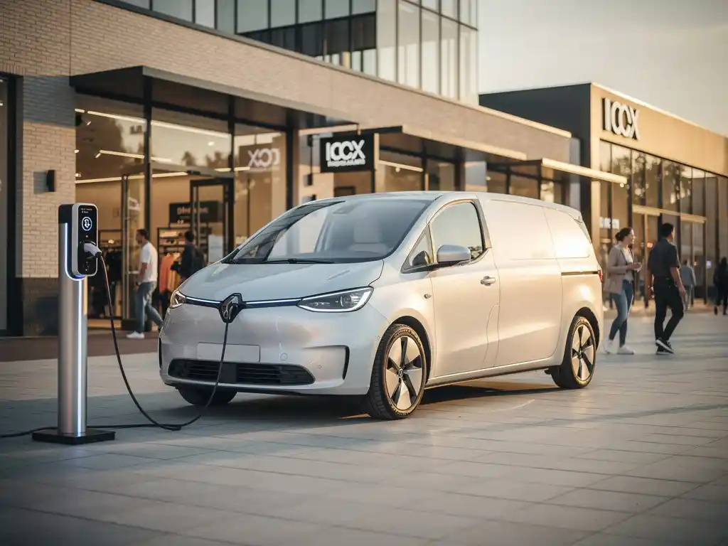 Witte elektrische bestelwagen aangesloten op laadstation bij modern Nederlands winkelcentrum met voetgangers