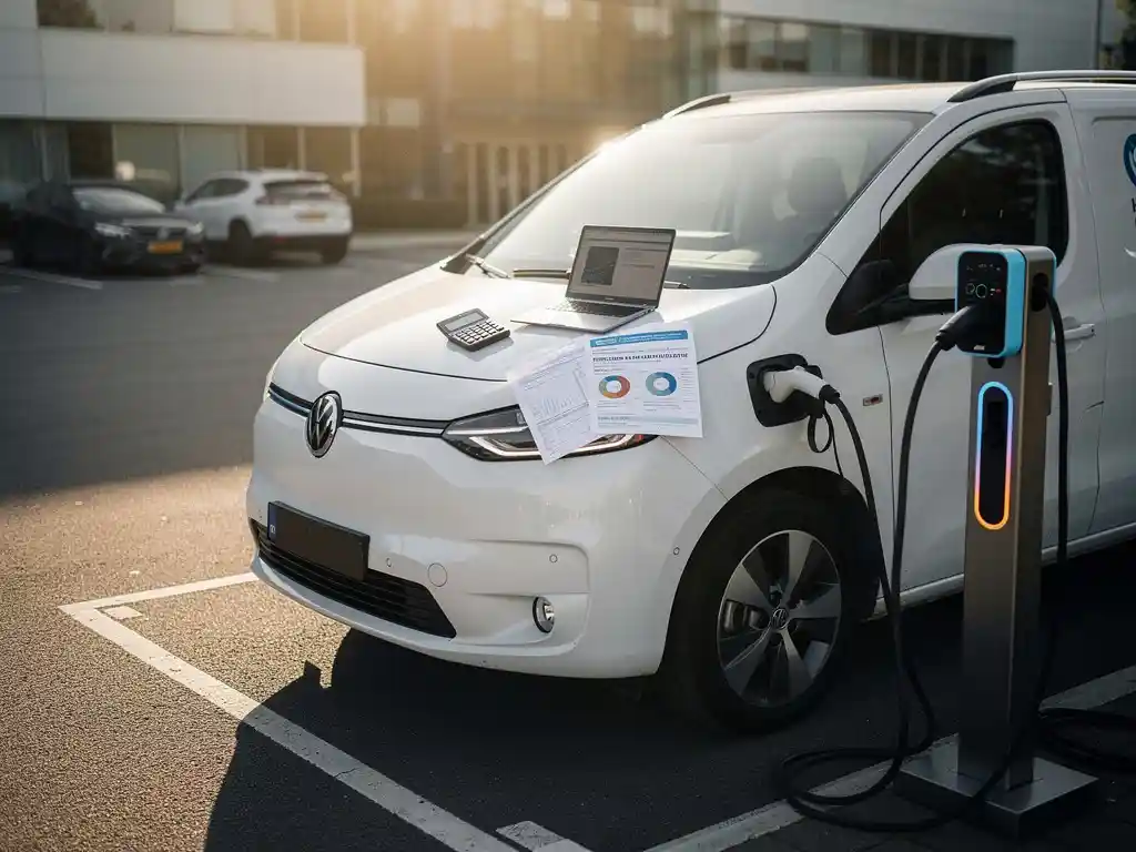 Witte elektrische bestelwagen aan laadstation met Nederlandse subsidiedocumenten, calculator en laptop op motorkap in bedrijfsparkeerplaats