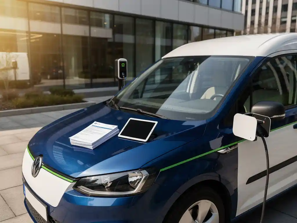 Elektrische bestelwagen aangesloten op laadstation bij modern kantoorgebouw met verzekeringsdocumenten en tablet op motorkap