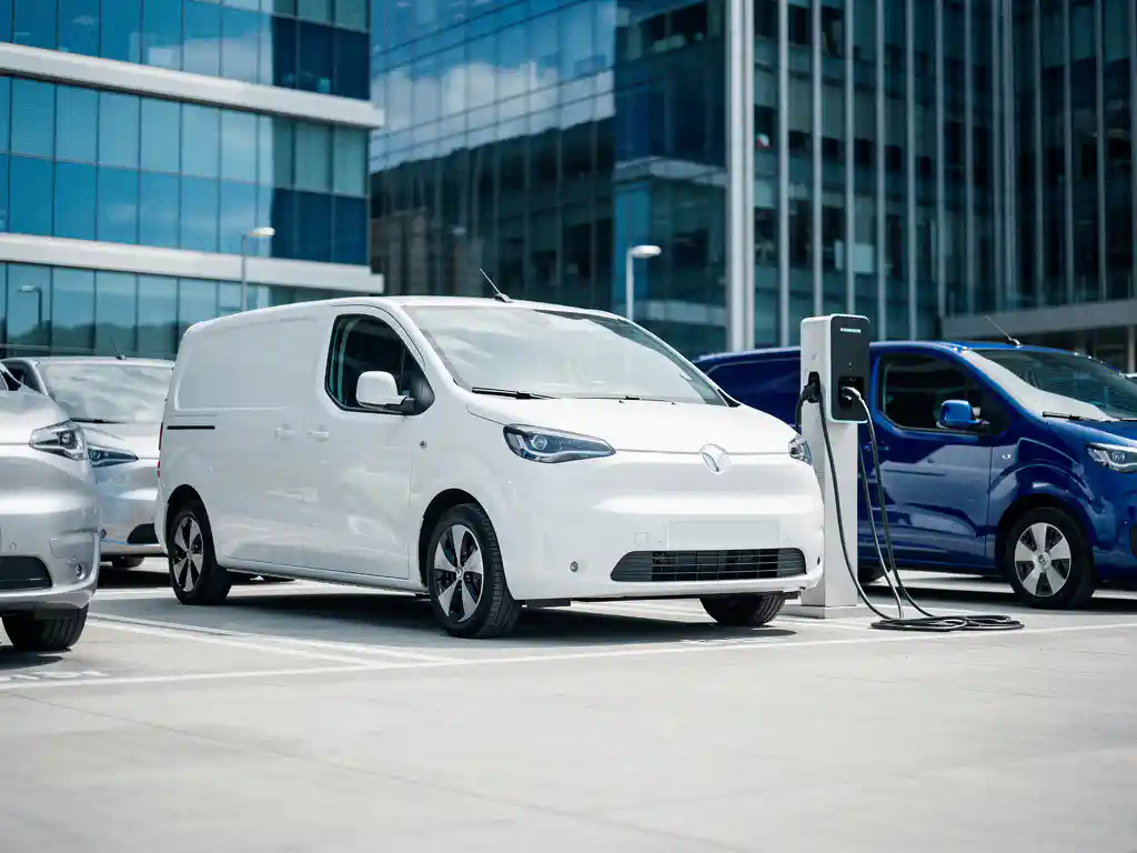 Witte elektrische bestelwagen geparkeerd bij laadstation met andere elektrische voertuigen in bedrijfsfleet parkeergebied