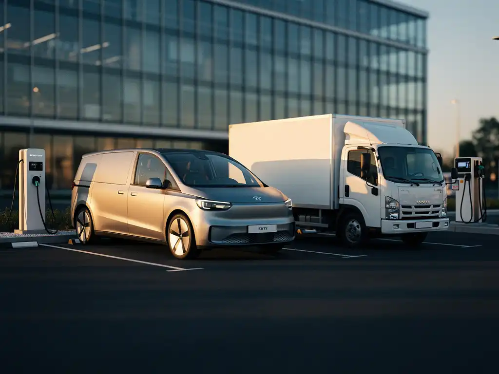 Elektrische bestelwagen van NXT Mobility naast traditionele dieseltruck op modern bedrijfsterrein met laadstations en tankpompen tijdens gouden uur