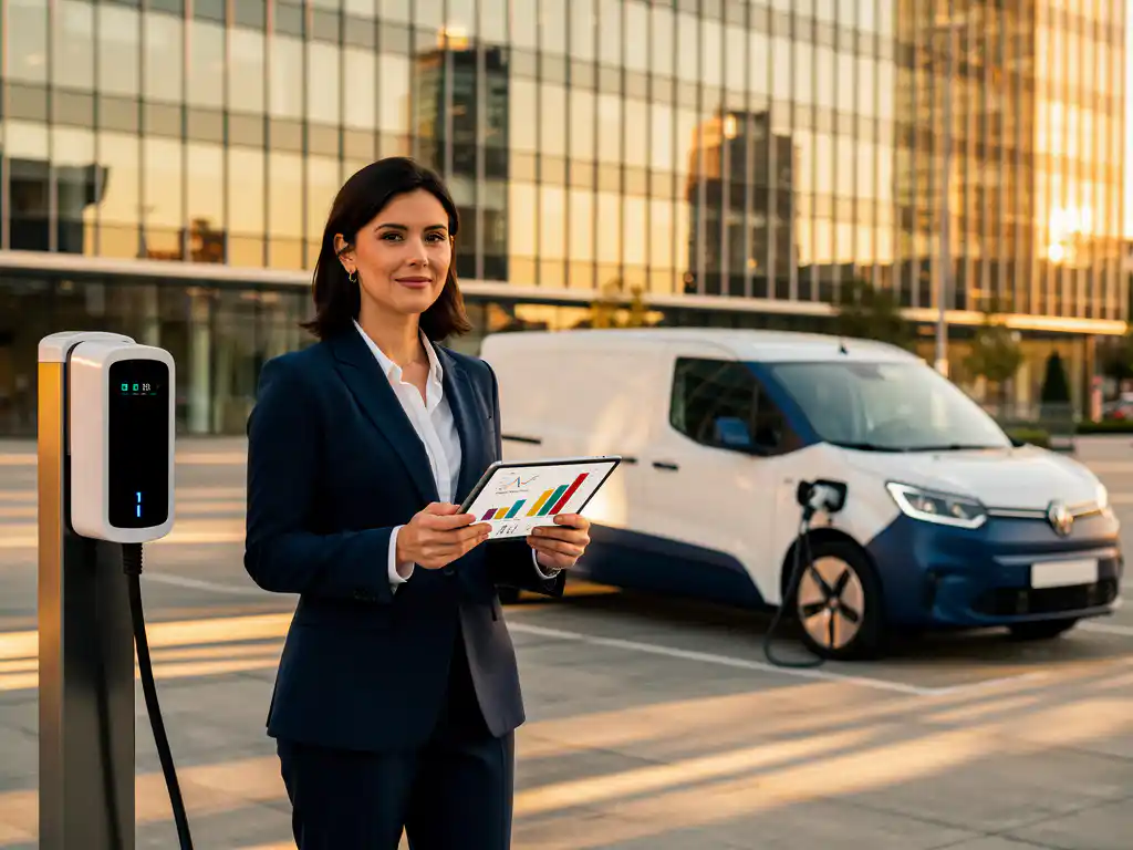 Elektrische bestelwagen laadt op bij moderne laadpaal terwijl zakenvrouw in marineblauw pak tablet met financiële grafieken vasthoudt