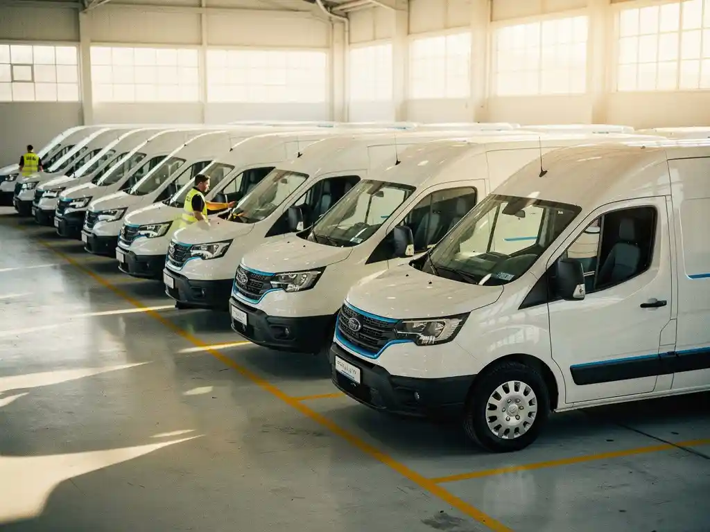 Moderne witte elektrische bestelwagens met blauwe accenten opgesteld in rijen in een verlichte depot met gele parkeerlijnen