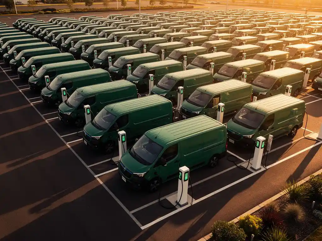 Vloot van elektrische bestelwagens aangesloten op witte laadstations met groene indicatielampjes op modern laadplein