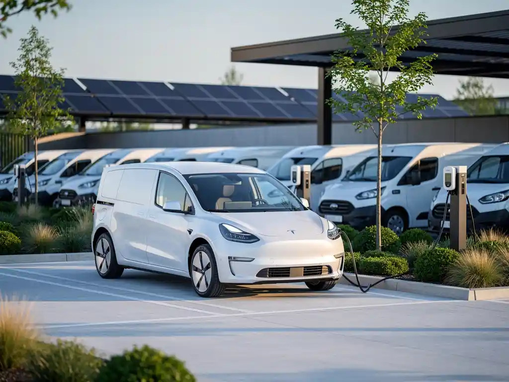 Moderne elektrische bezorgbusjes laden bij zonnepanelen-oplaadstation met groene beplanting in ochtendlicht