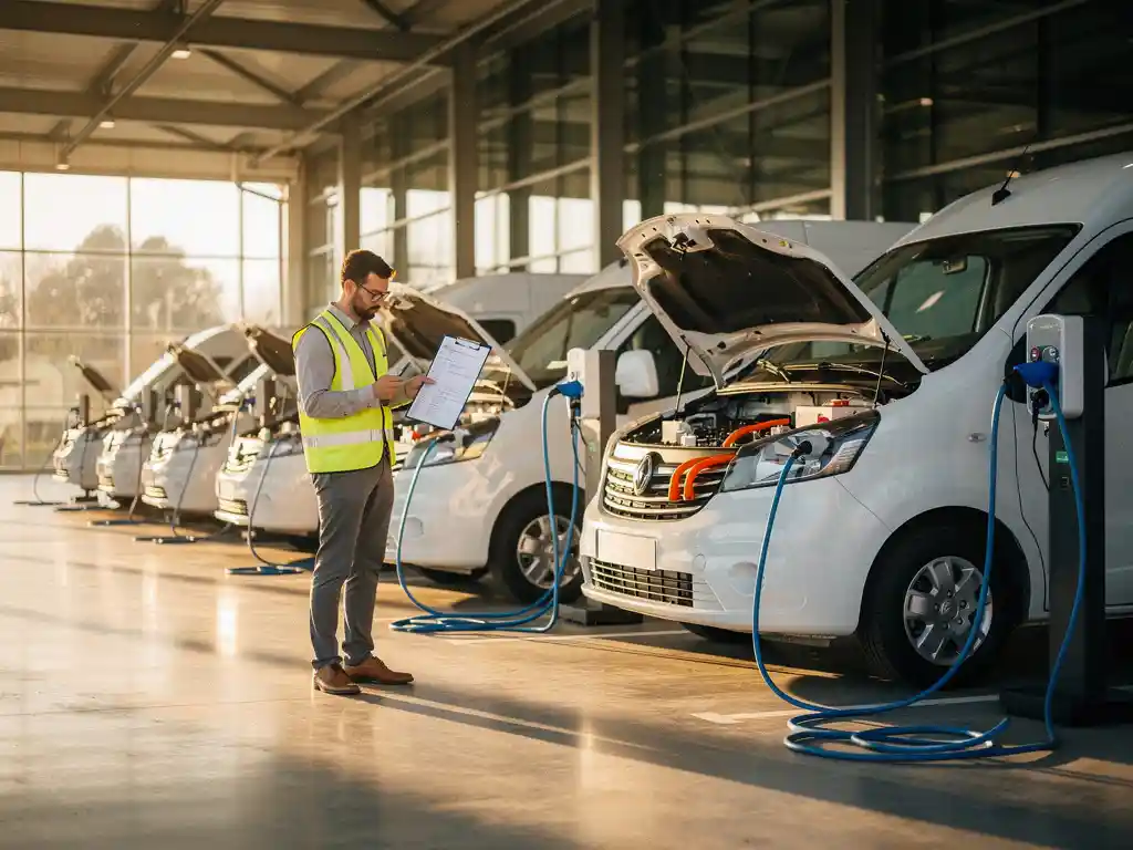 Vlootmanager inspecteert onderhoudslijst naast rij witte elektrische bestelwagens aan oplaadstations in moderne logistieke faciliteit