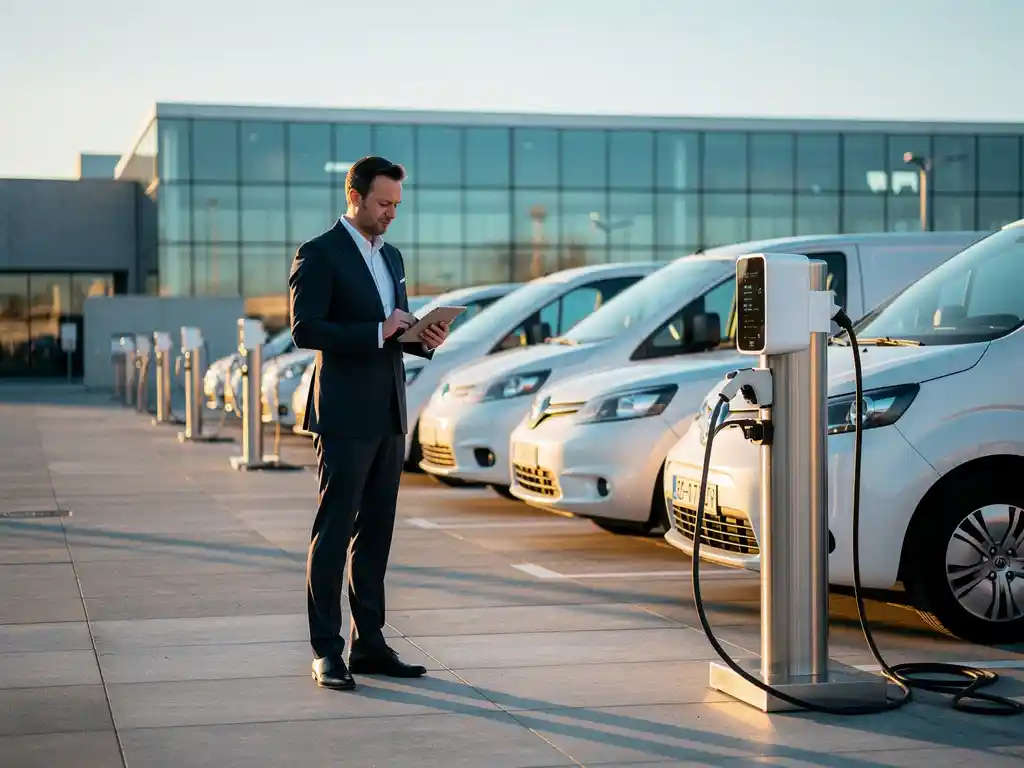 Professionele vlootbeheerder met tablet bij rij witte elektrische bestelwagens op modern laadstation