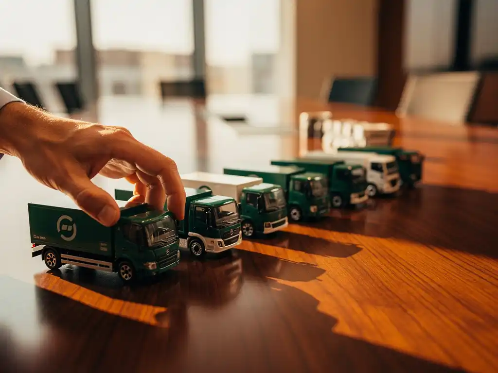 Vlootbeheerder rangschikt miniatuur elektrische bestelwagens op prioriteit op houten conferentietafel, traditionele brandstoftrucks op achtergrond