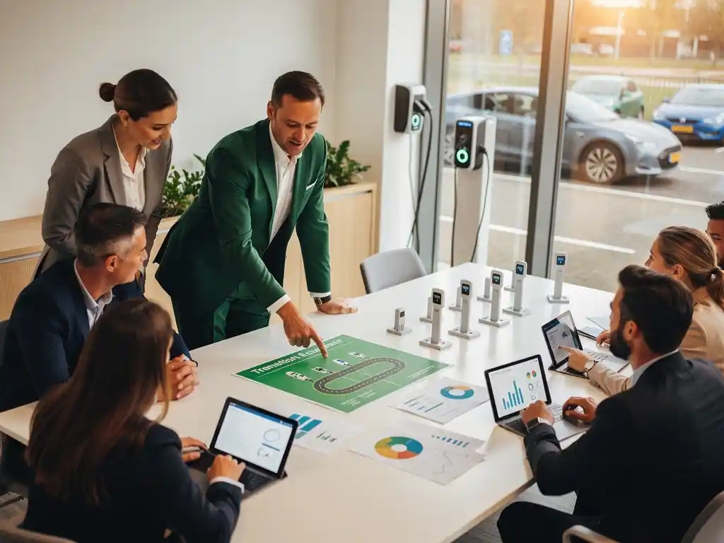 Diverse zakelijke professionals bespreken duurzaamheidsplannen rond conferentietafel met elektrische voertuig modellen en groene energie grafieken