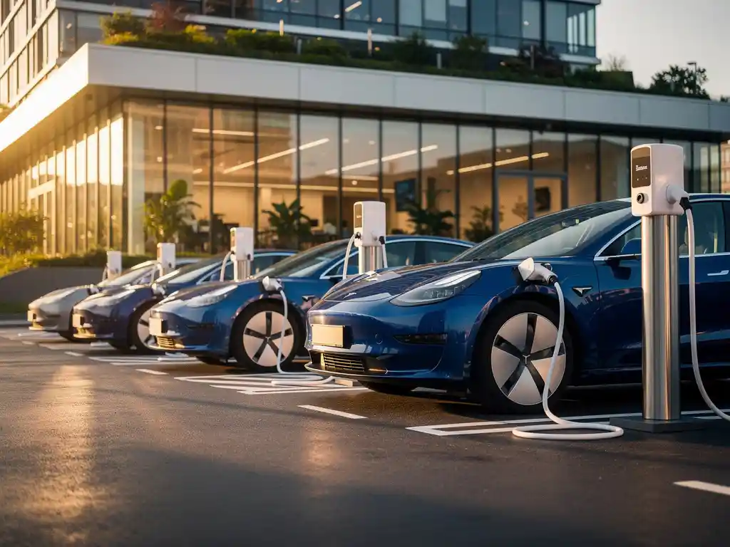 Elektrische voertuigen laden bij moderne laadpalen voor glazen kantoorgebouw tijdens gouden uur