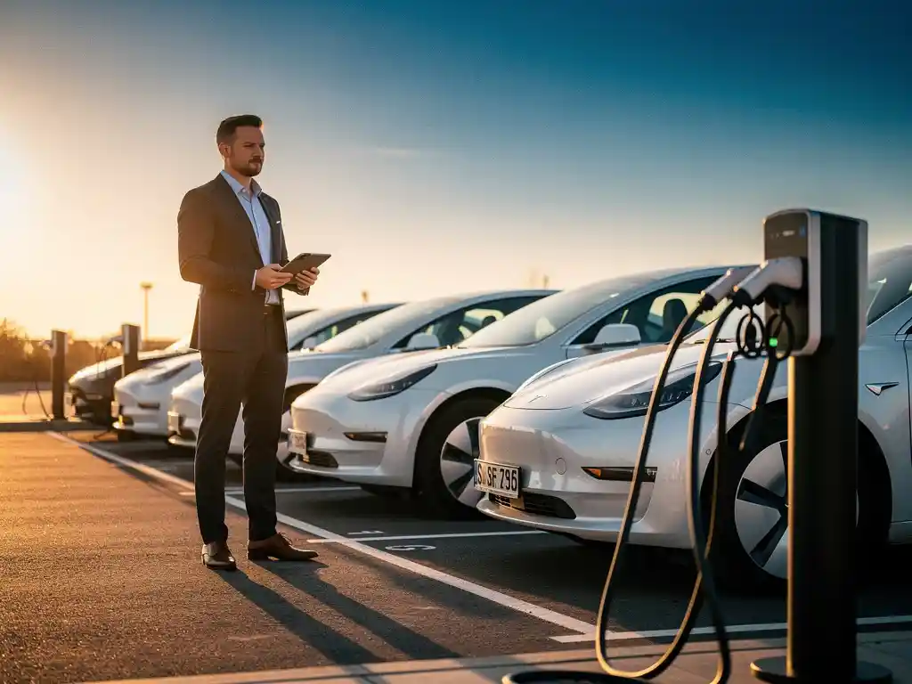 Wagenpark manager bekijkt oplaadschema's op tablet naast witte elektrische bedrijfsauto's aan moderne laadstations