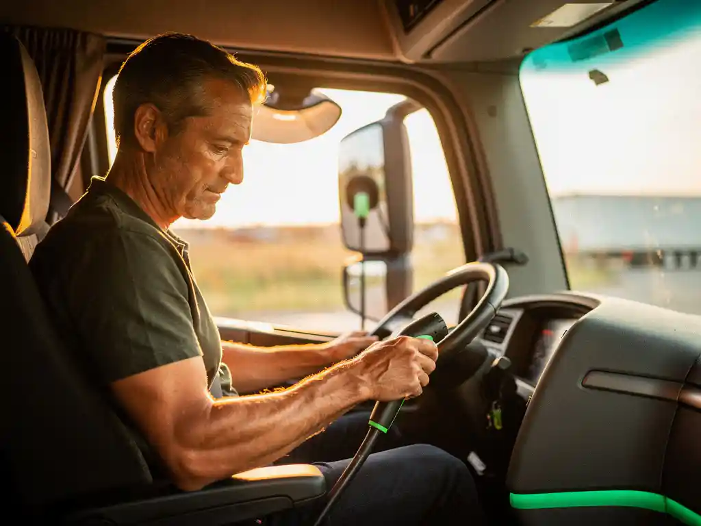 Professionele vrachtwagenchauffeur houdt oplaadkabel vast in cabine van moderne elektrische vrachtwagen tijdens gouden uur