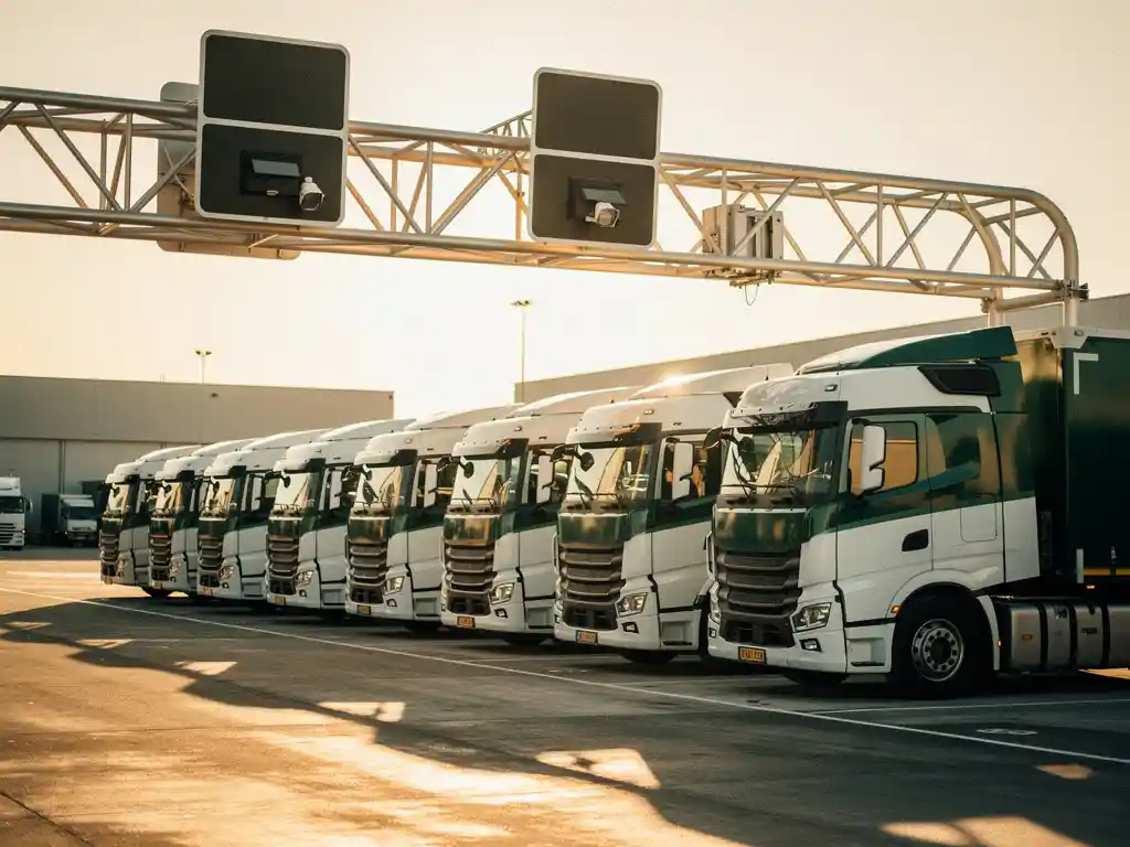 Elektrische vrachtwagens geparkeerd onder digitale tolpoort bij bedrijfsdepot tijdens gouden uur