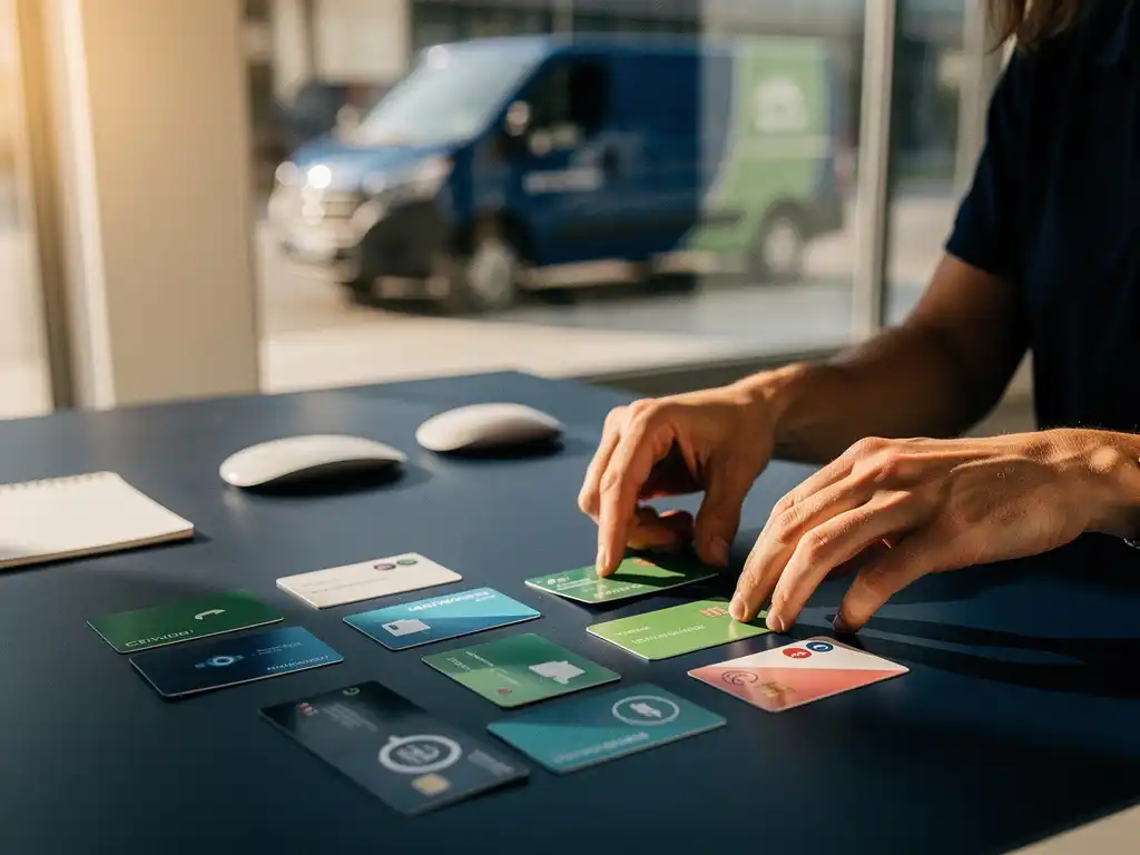 Handen van wagenpark manager organiseren kleurrijke laadkaarten op bureau met elektrische bestelwagen op achtergrond