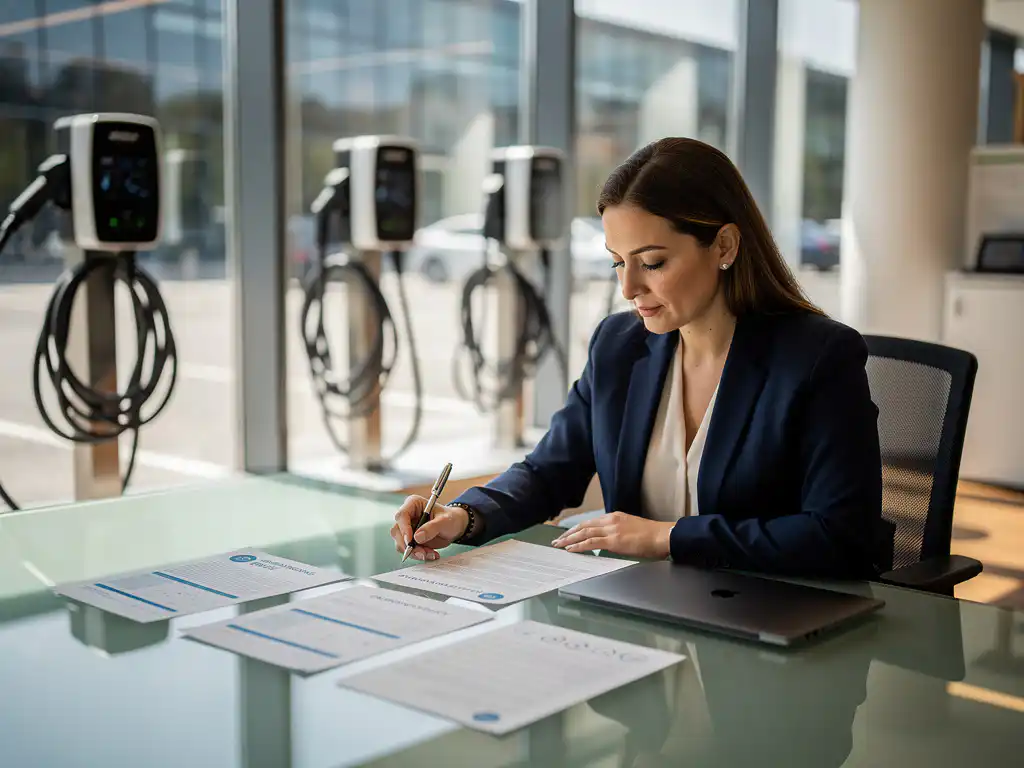 Zakenvrouw in marineblauw jasje bestudeert laadbeleidsdocumenten aan glazen vergadertafel met elektrische laadstations op achtergrond