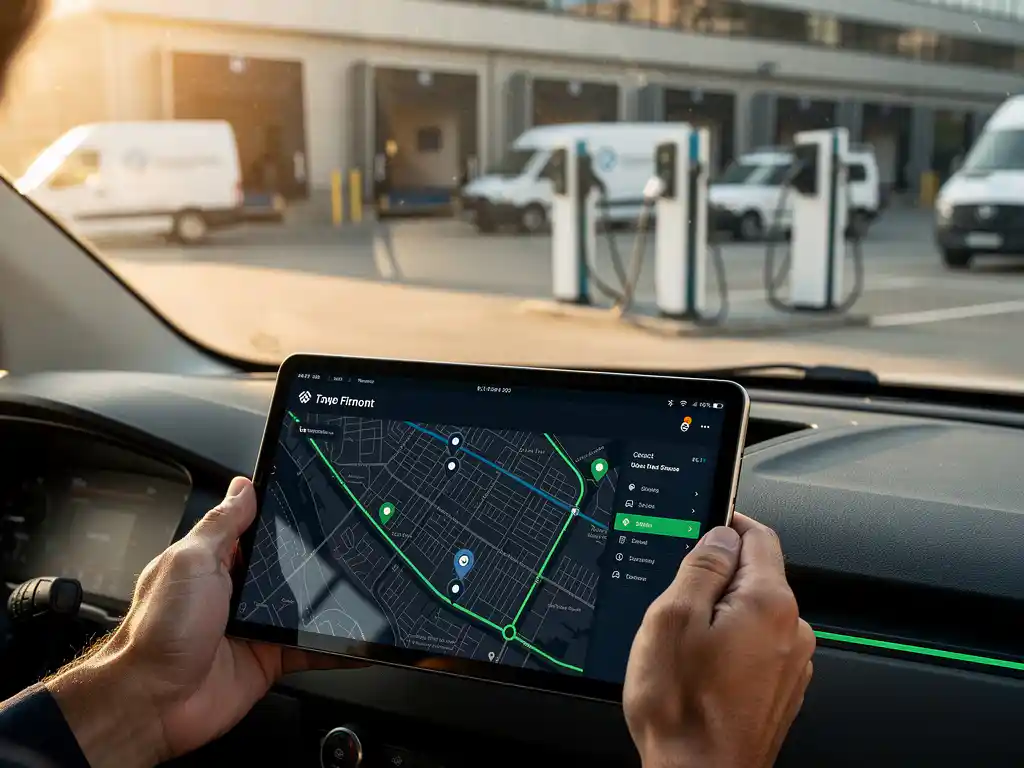 Moderne tablet toont vlootdashboard met GPS-tracking in elektrische bezorgwagen bij distributiecentrum met laadstations