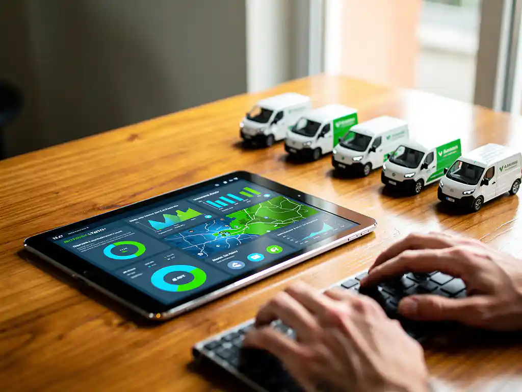 Tablet met kleurrijk vlootbeheerdashboard op houten bureau naast miniatuur elektrische bezorgbusjes in wit en groen