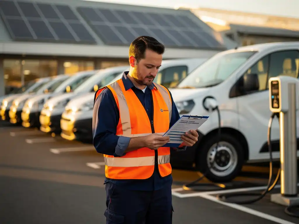 Vlootmanager in veiligheidsvest controleert documenten bij elektrische laadpaal met witte bedrijfsbusjes op achtergrond