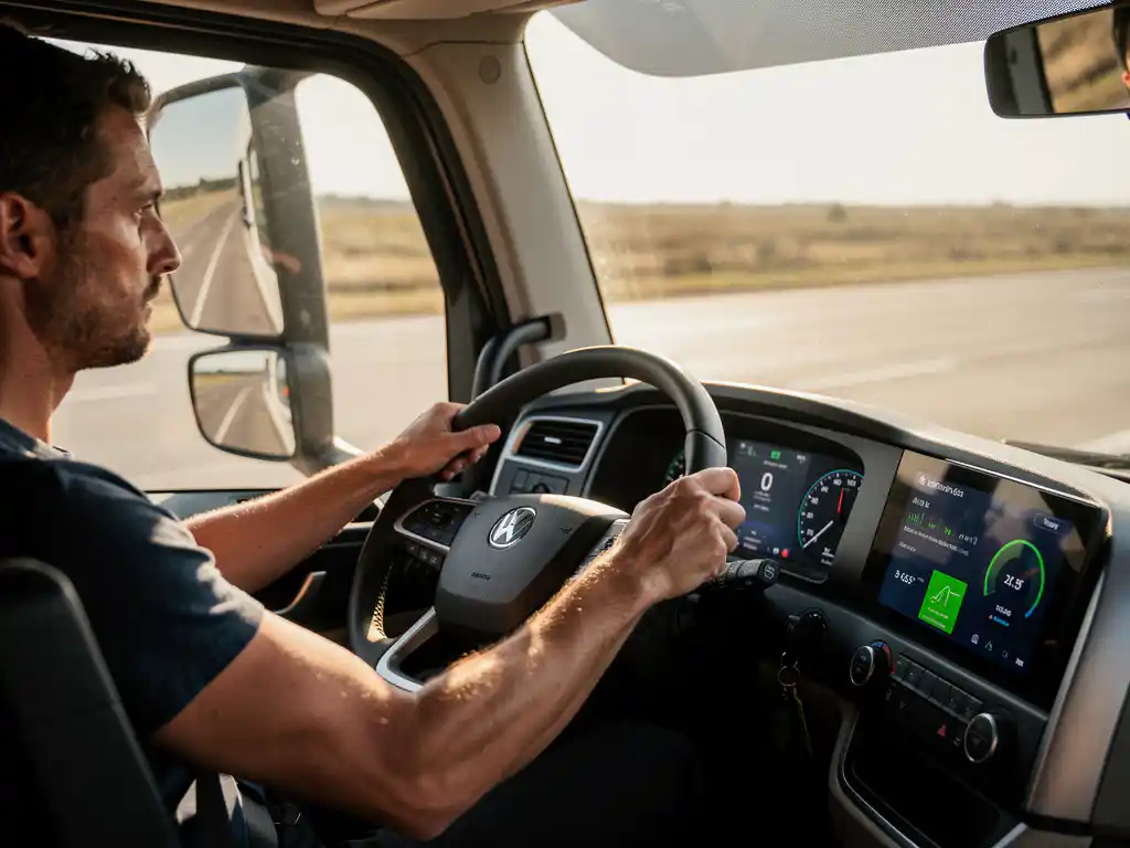 Professionele vrachtwagenchauffeur bedient stuur van elektrische bedrijfswagen met dashboard-analytics in natuurlijk licht