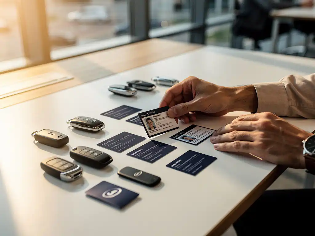 Vlootbeheerder organiseert rijbewijzen en voertuiginspectiepapieren op bureau met elektrische autosleutels en laadpassen