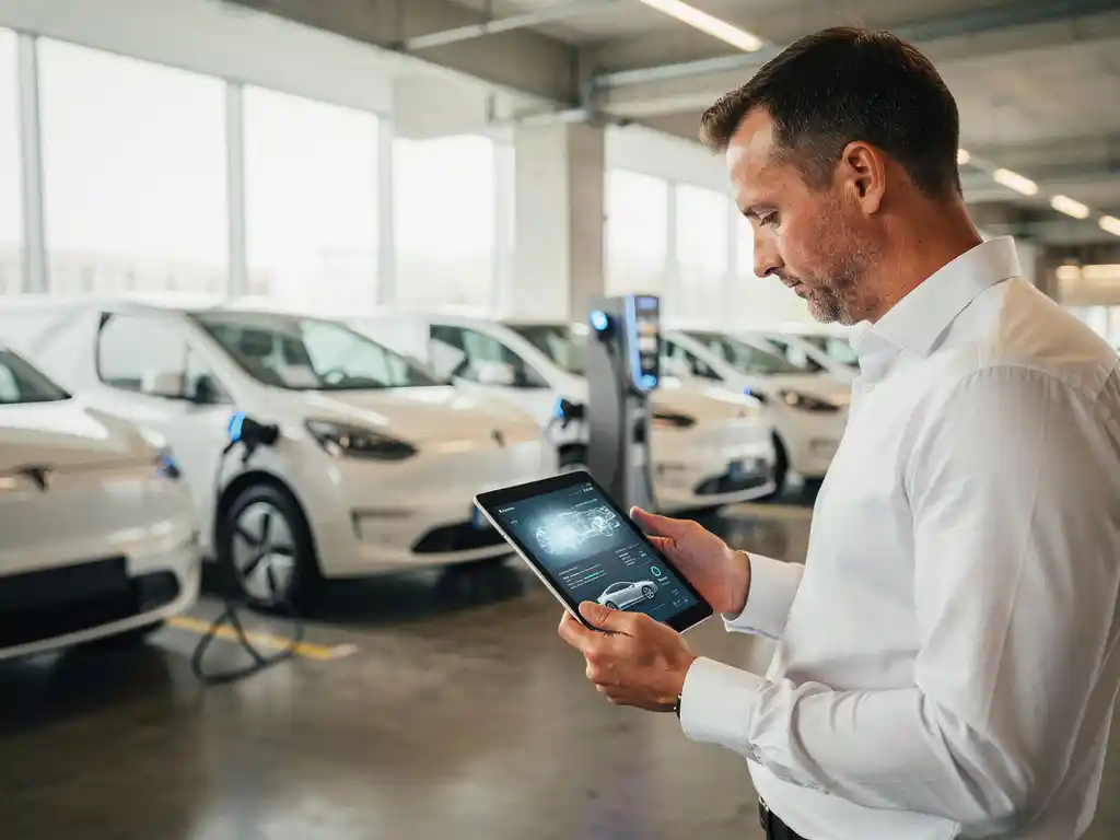 Professionele vlootbeheerder bekijkt voertuiggegevens op tablet naast rij witte elektrische bestelwagens bij laadstations